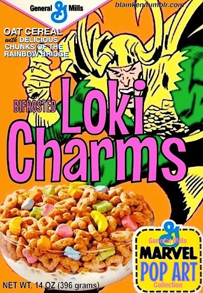 Loki Charms / 1972 comics art of Loki behind bowl of cereal on mocked-up box of cereal / General Mills' 'Bifrosted Loki Charms' 'Oat cereal plus delicious chunks of the Rainbow Bridge!' 'Marvel Pop-Art Collection'