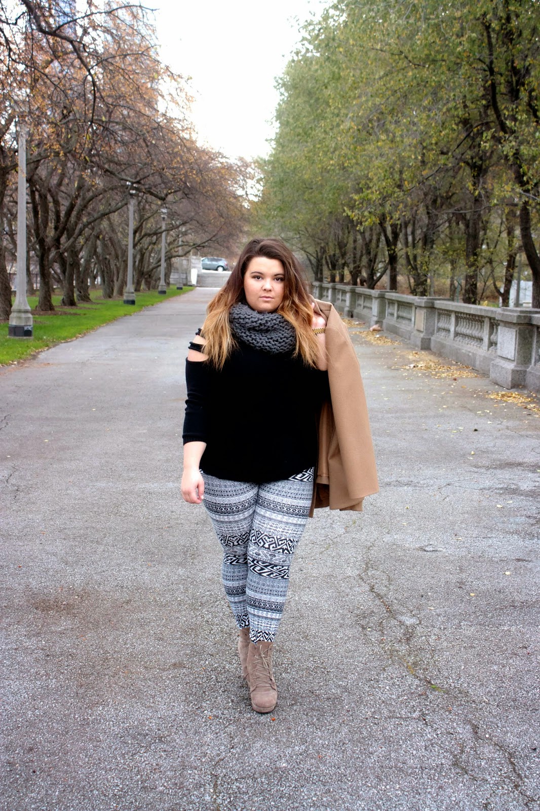 2014 winter trends, ankle boots, Chicago, gold watch, infinity scarf, kim kardashian tan coat, Natalie Craig, natalie in the city, pattern leggings, plus size fashion blogger, sweater cut-outs, tan coat,