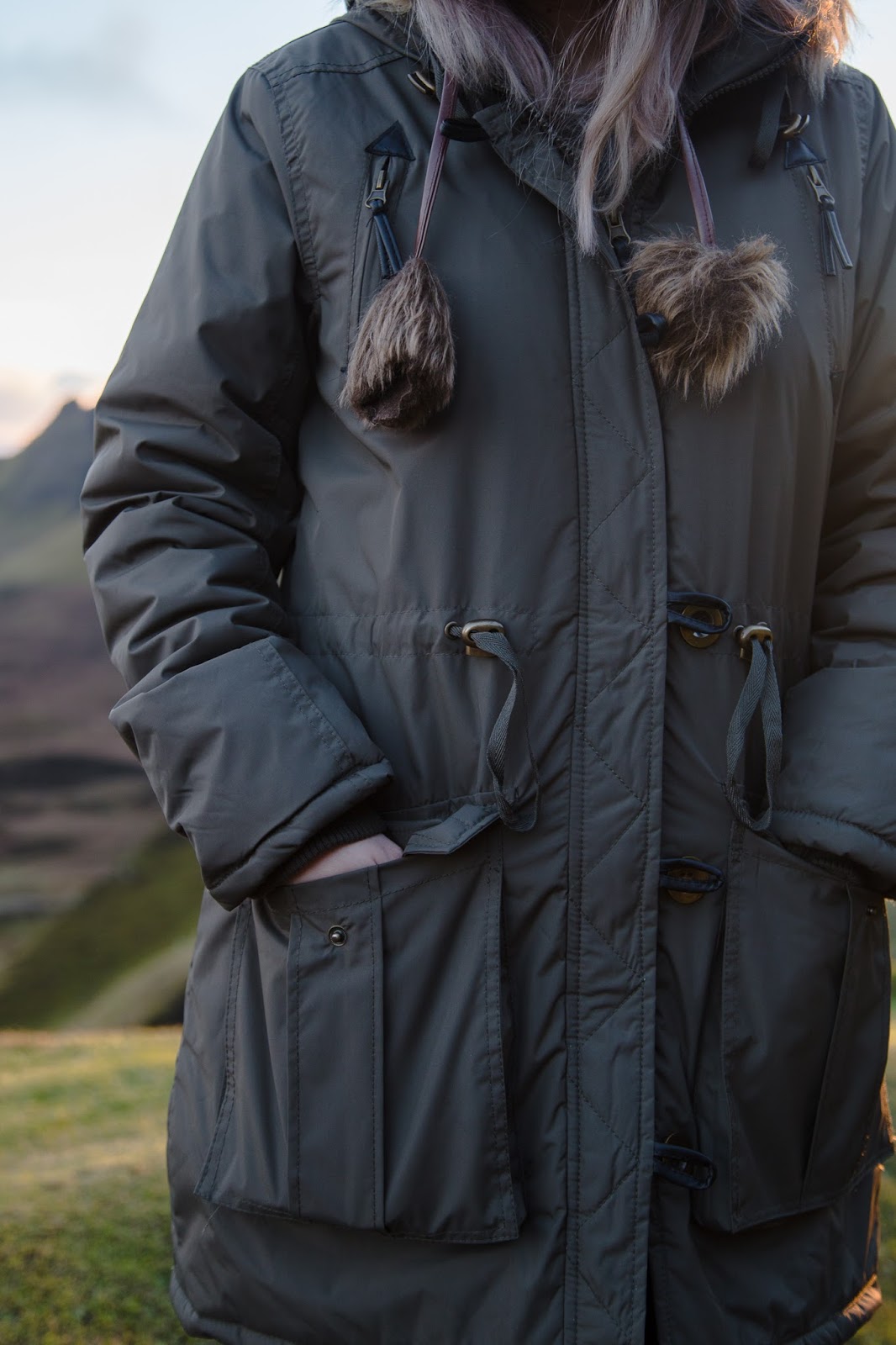 Pretty in Parka OOTD Quiraing Isle of Skye Parka Outfit Styling Bear Hat