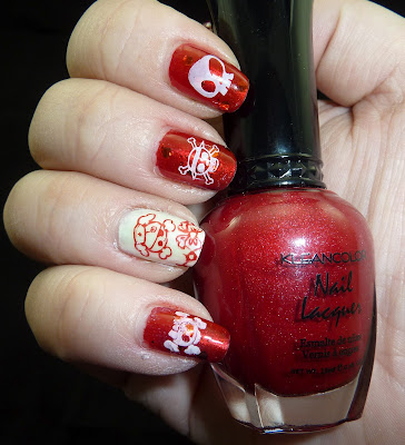 Nail stamping art, pirate red and white theme