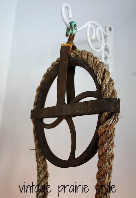 A rustic rope and pulley light totally easy to make! by Vintage Prairie Style featured on I Love That Junk