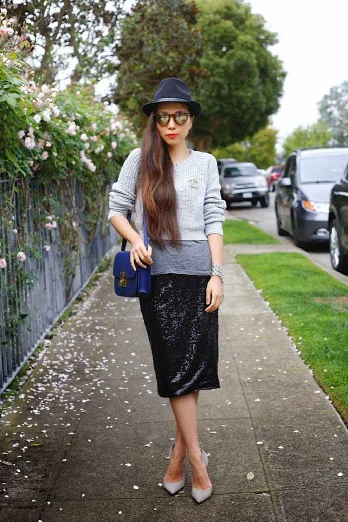   Chanel Brooch,Nicole Scherzinger and Missguided collection, missguided grey jumper, missguided midi sequin skirt, Ily couture fashionable late tee, schutz heels, le specs sunglasses, kendra scott bracelet, topshop hat, celine classic box, Baublebar 360 pearl studs, shallwesasa, how to wear sequins in the day, street style, travel, fashion blog, sale info, holiday gift ideas