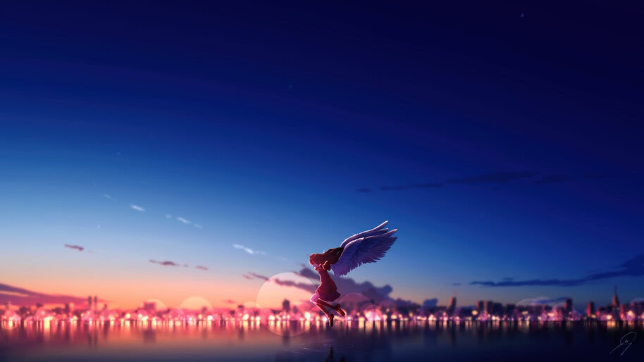 Anime, Girl, Wings, Sunset, Scenery, City, 4K, #6.1297