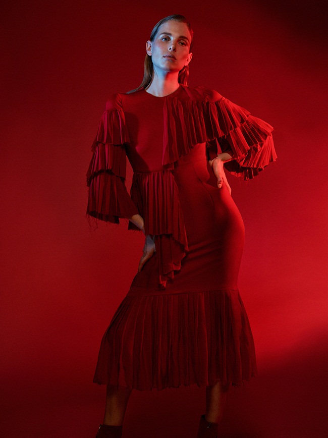 Harper's Bazaar Germany September 2015, Lina Berg Gucci 2015 AW Red Layered Silk Satin Georgette Plisse Ruffle Dress Editorials