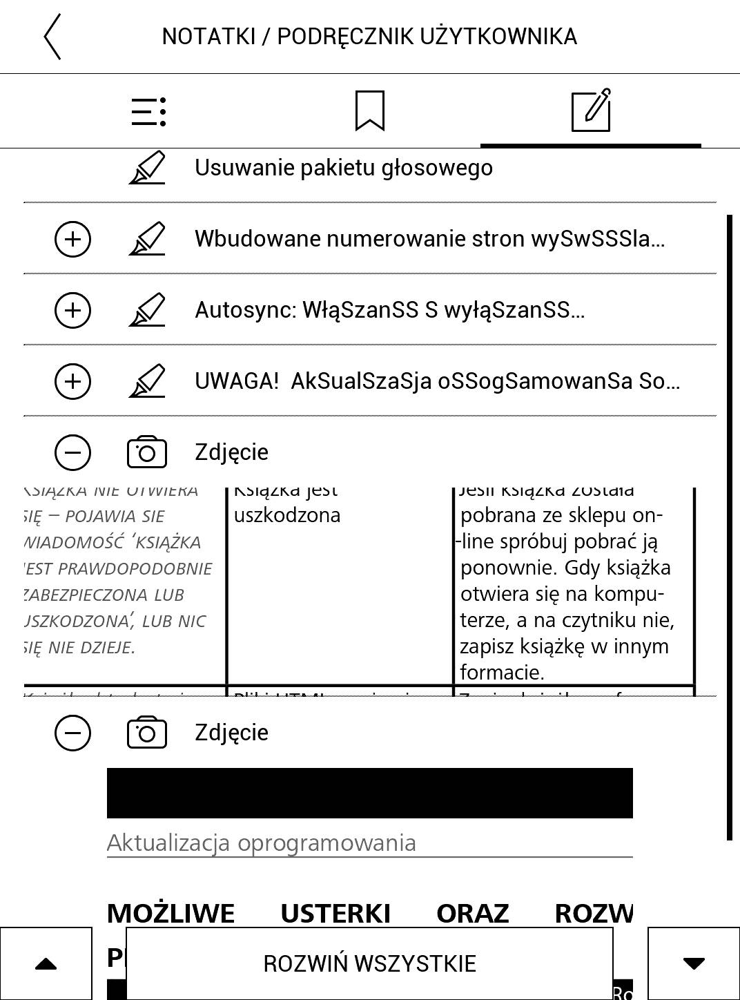 Widok listy zaznaczeń: tekstowych i w formie zrzutu ekranu
