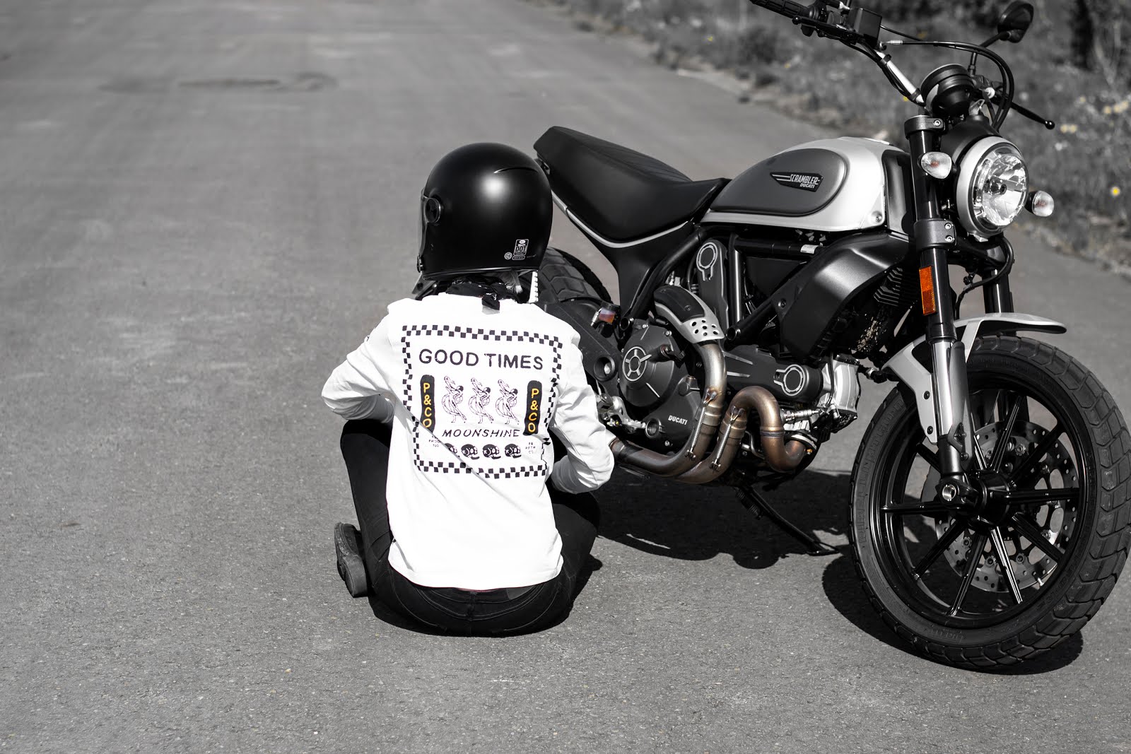 P&co, pandco, provision & co, one for the road collection, long sleeve, t-shirt, crew socks, scrambler ducati, motorcycle women, street style, outfit