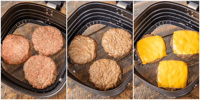 The BEST Air Fryer Burgers - hands down the BEST burgers EVER! Ready from start to finish in under 10 minutes. Clean up is a breeze with the air fryer!! Can make the patties ahead of time and refrigerated or frozen for later. We never grill burgers anymore. They are SO much better in the air fryer! Top burgers with your favorite burger toppings - lettuce, tomatoes, cheese, bacon. #airfryer #burger #hamburgers collage of burger cooking progress in an air fryer