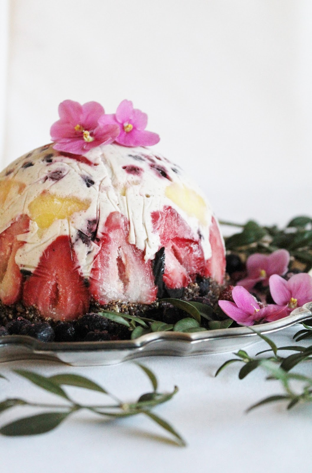 This Rawsome Vegan Life fruit + coconut ice cream cake with brownie crust