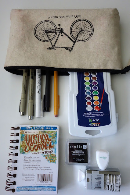 canvas pouch, pencil case, pencil roll, pencil case collection, crafting materials, blah to TADA, pens, stationery, school & office supplies, water brush, brush pen, Micron pens, pencils,  Visual Journal, Prang watercolors, stamp and ink pad