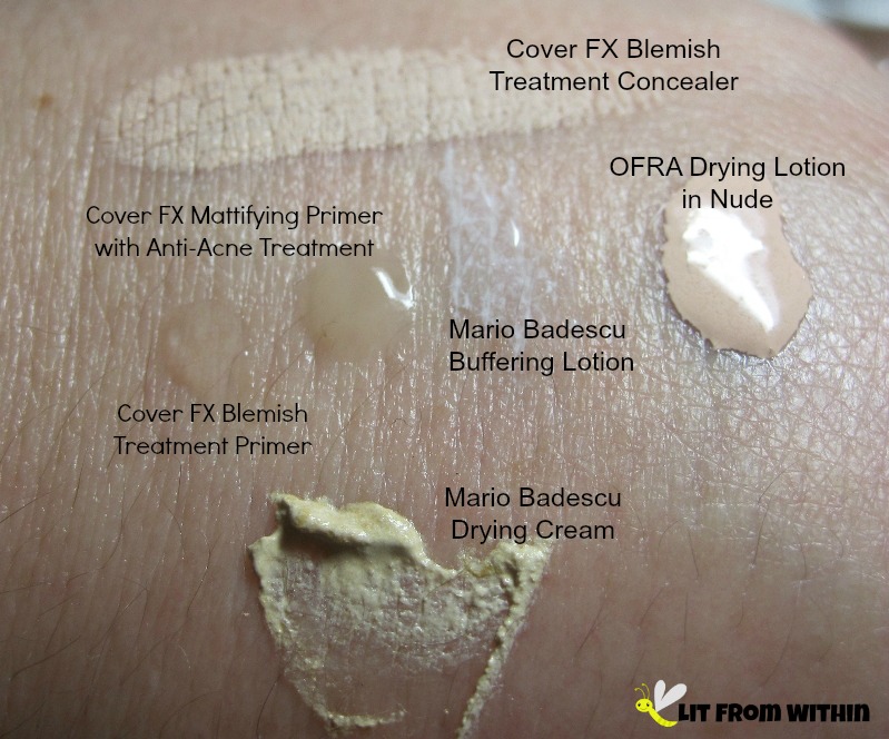 swatches of blemish-fighting makeup and treatments from Cover FX, OFRA, and Mario Badescu