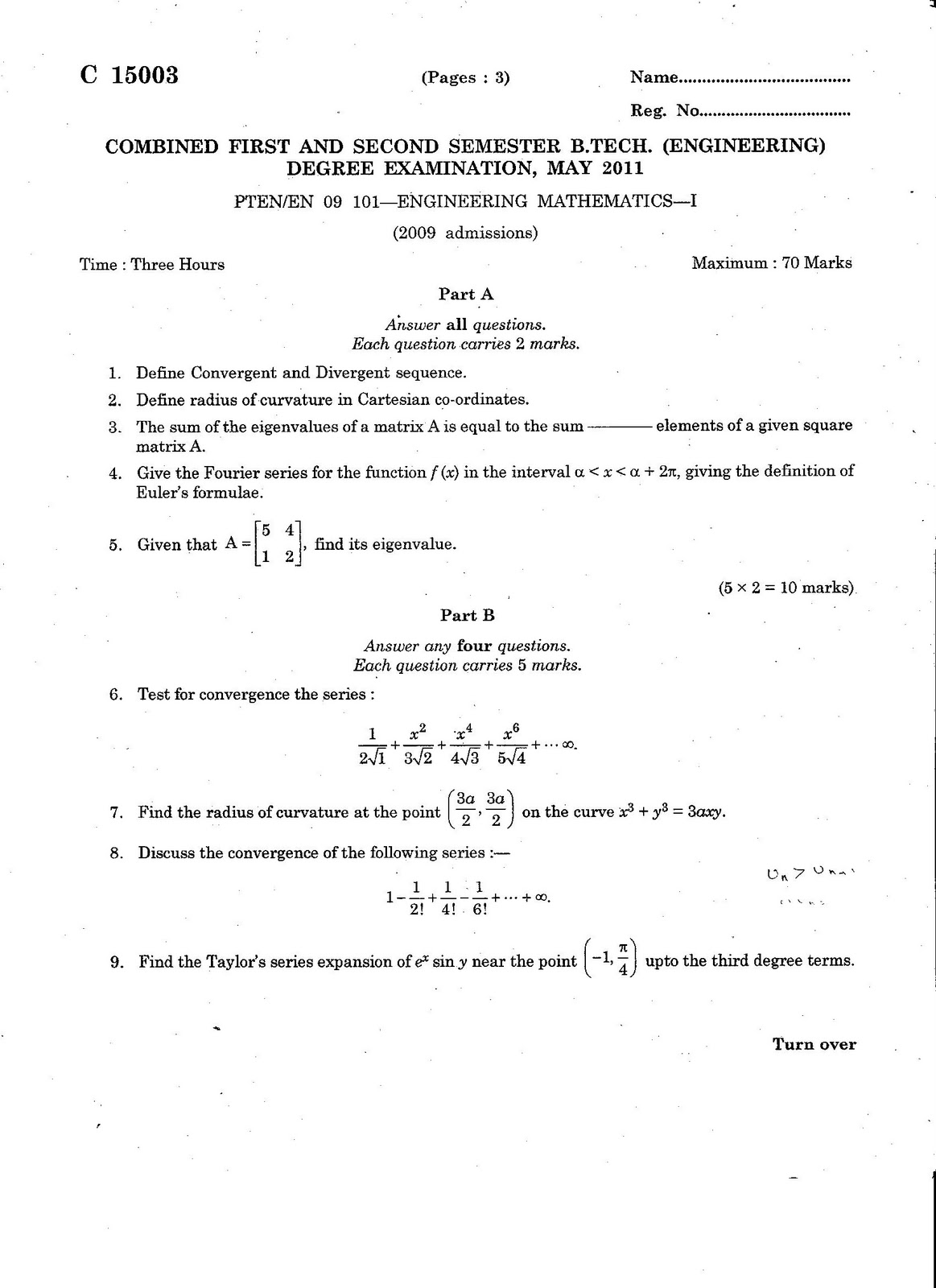 B.TECH QUESTION PAPERS CALICUT UNIVERSITY PTEN/EN09 101ENGINEERING