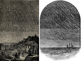Antigas gravuras mostram a chuva de meteoros Leônidas em 1833 (esquerda) e em 1799 (direita). Créditos: Adolph Vollmy (1833) / Edward Dunkin (1799)