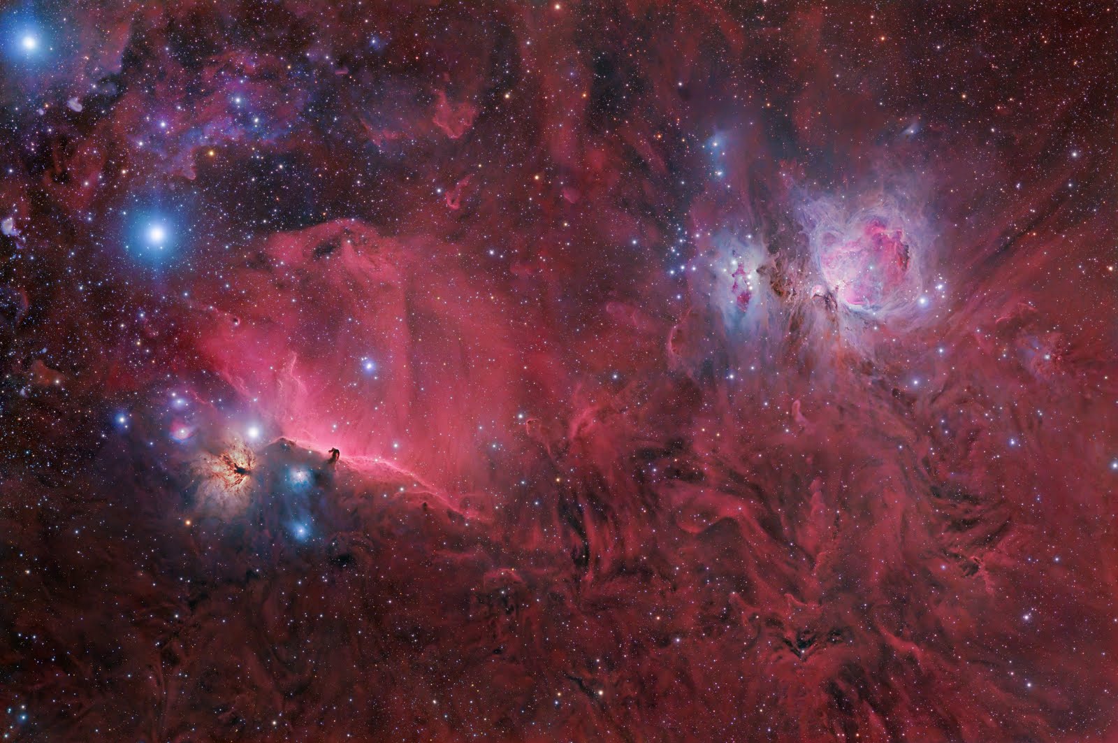A Nebulosa da Cabeça do Cavalo e a Grande Nebulosa na Constelação de Orion