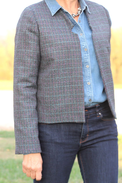 Simplicity 8093 with front notched collar made from Mood Fabrics' blue plaid wool