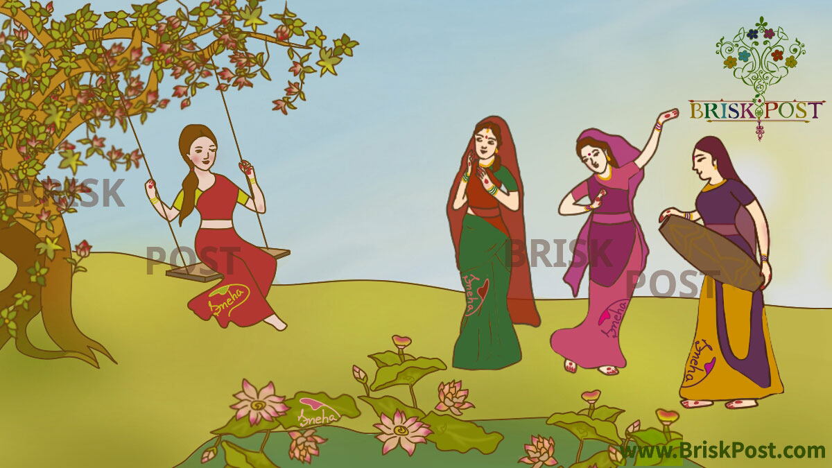 Teej Celebration: Women Oriented Monsoon Festival of Swings Teej Celebration: Women Oriented Monsoon Festival of Swings (Teej festival celebrating Indian girl on swing and Hindu ladies singing, dancing and playing instrument in green garden of monsoon)