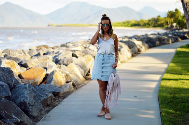 slip cami styled with denim skirt and mules slip cami styled with denim skirt and mules