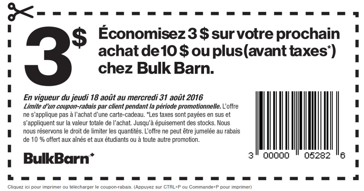 Coupon rabais de 3 de Bulk Barn Coupons au Québec