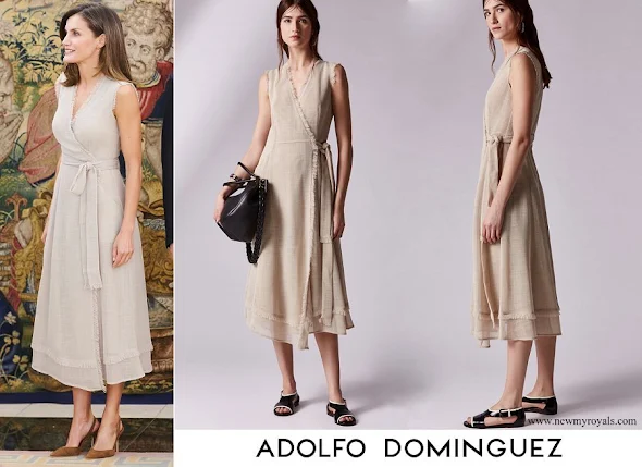 Queen Letizia wore Adolfo Dominguez wrap dress with frayed edges