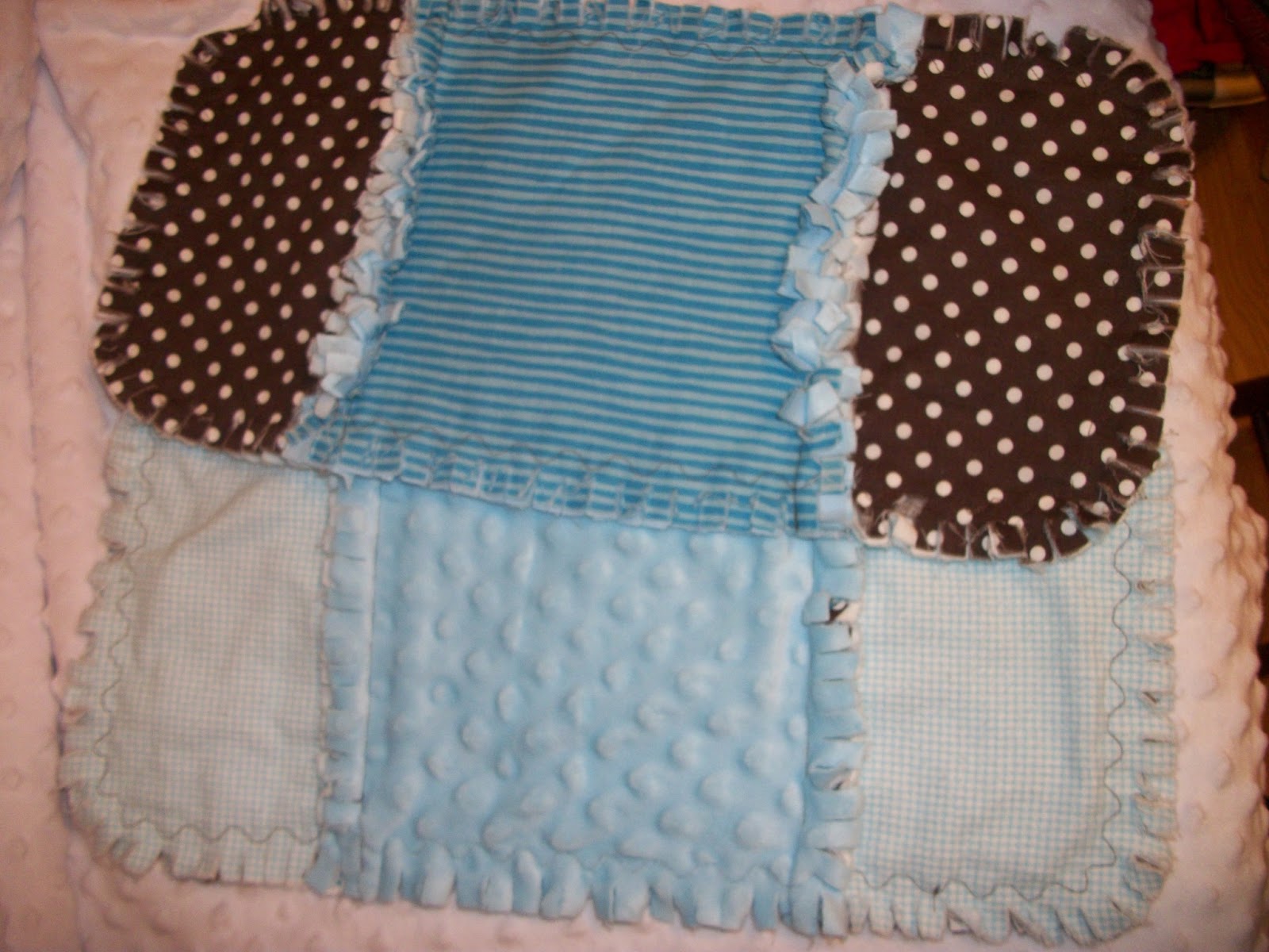 Deerecountry Quilts : Blue and Brown baby boy rag quilt and bag