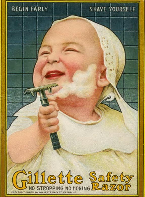 Propaganda do Gillette com um bebê barbeando em 1905