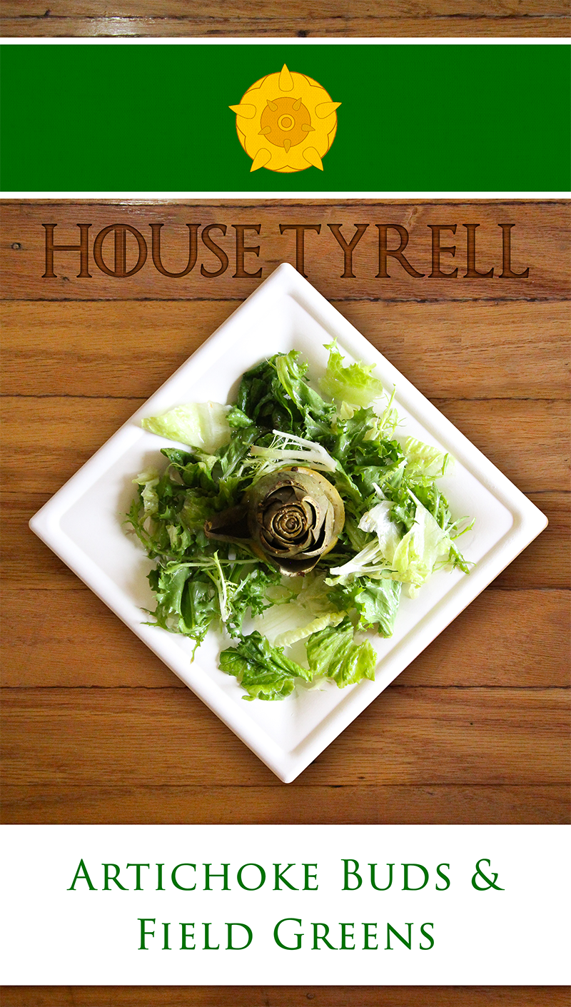 Artichokes are edible flower buds. When roasted, they serve as a perfect Tyrell salad course for a Highgarden dinner or a Game of Thrones theme Party.