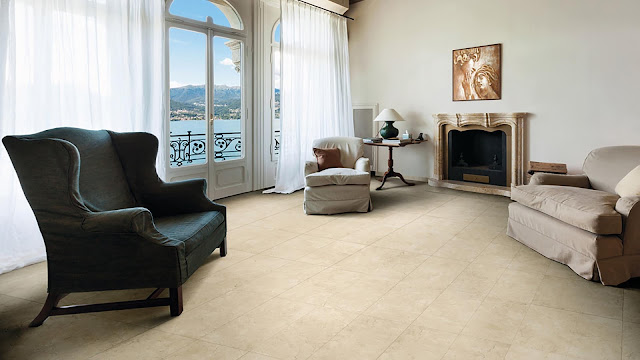 Living room tiles design with marble finish tiles Fori Romani Crema Marfil 
