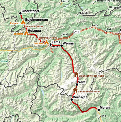 E5 Oberstdorf Meran Karte