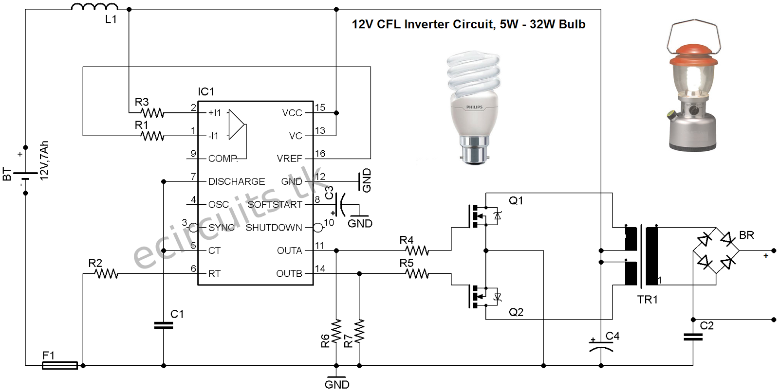 12V CFL Emergency Light Circuit Using 3525 IC | Mini Inverter Circuit