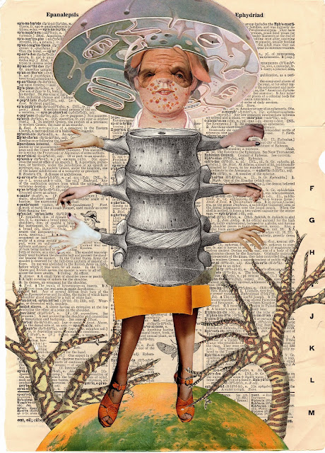 Collage of a figure wearing a metalic mushroom hat, and with a torso made out of an oversized spine connected with six hands, standing on a green and orange earth with trees growing on them.