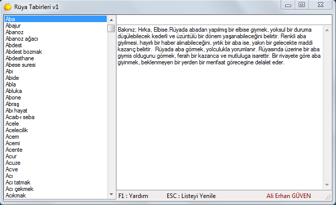 Rüya Tabirleri Programı v1 – Ali Erhan GÜVEN
