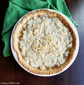 This pie tastes just like apple pie, but there isn't a single apple in it! You'd never guess what it is though. But I'll tell you! It's zucchini! This is a great way to use up some of the surplus. If you don't tell them, they'll never know! whole almost apple pie with golden streusel topping, looks and tastes like apple pie but made with zucchini
