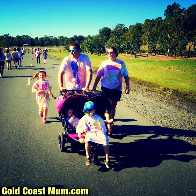 Gold Coast Mum blogger Color Me Rad 5k, twins in Out N About twin pram, Wet N Wild Gold Coast, Paradise Country Gold Coast, double jogger pram, www.goldcoastmum.com
