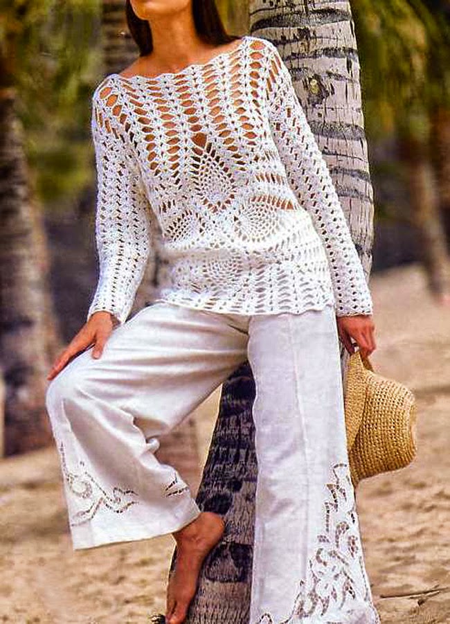 túnica de dama mangas largas con piñas crochet
