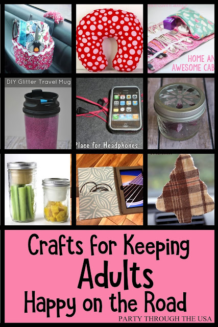 Crafts for Keeping Adults Happy on the Road from Party Through the USA.  These crafts can be done and home and used on your next road trip.  Toys and activities aren't just for kids.