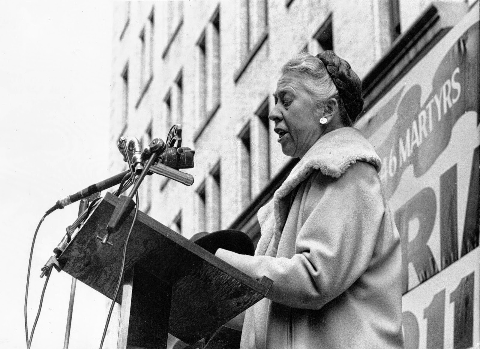 Esther Petersen, speaking during the 50th anniversary commemoration of the Triangle fire. Source: Kheel Center