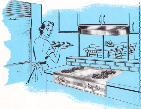 Vintage illustration showing housewife with Chambers In-A-Counter cooktop