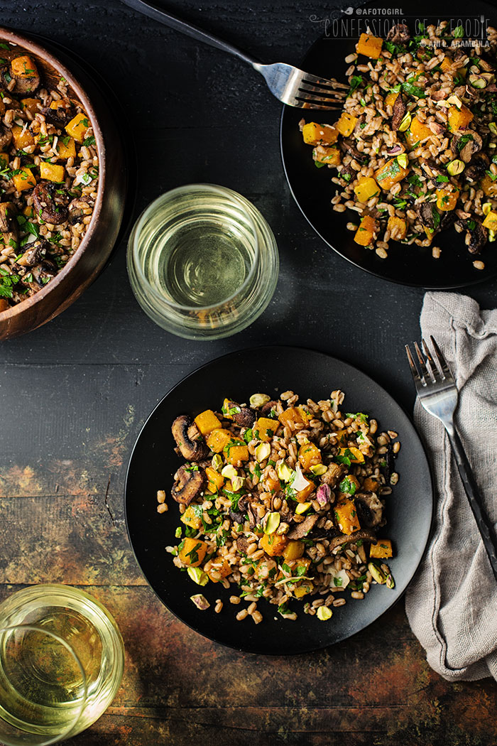 Meatless Monday Warm Farro Salad with Roasted Mushrooms and Butternut