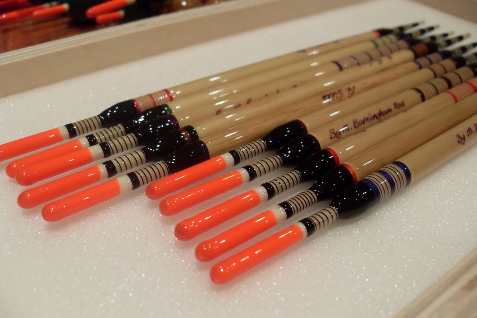 Handmade Fishing Floats by Mark Burningham. Porcupine wagglers,reed