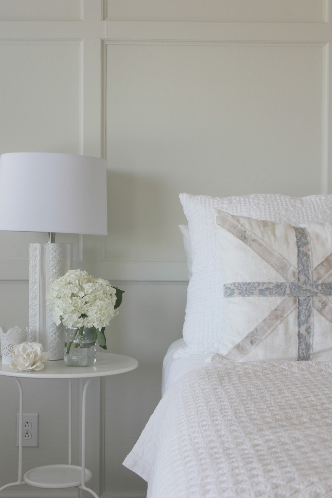 DIY bedroom decor makeover with serene, European inspired modern farmhouse style by Hello Lovely Studio