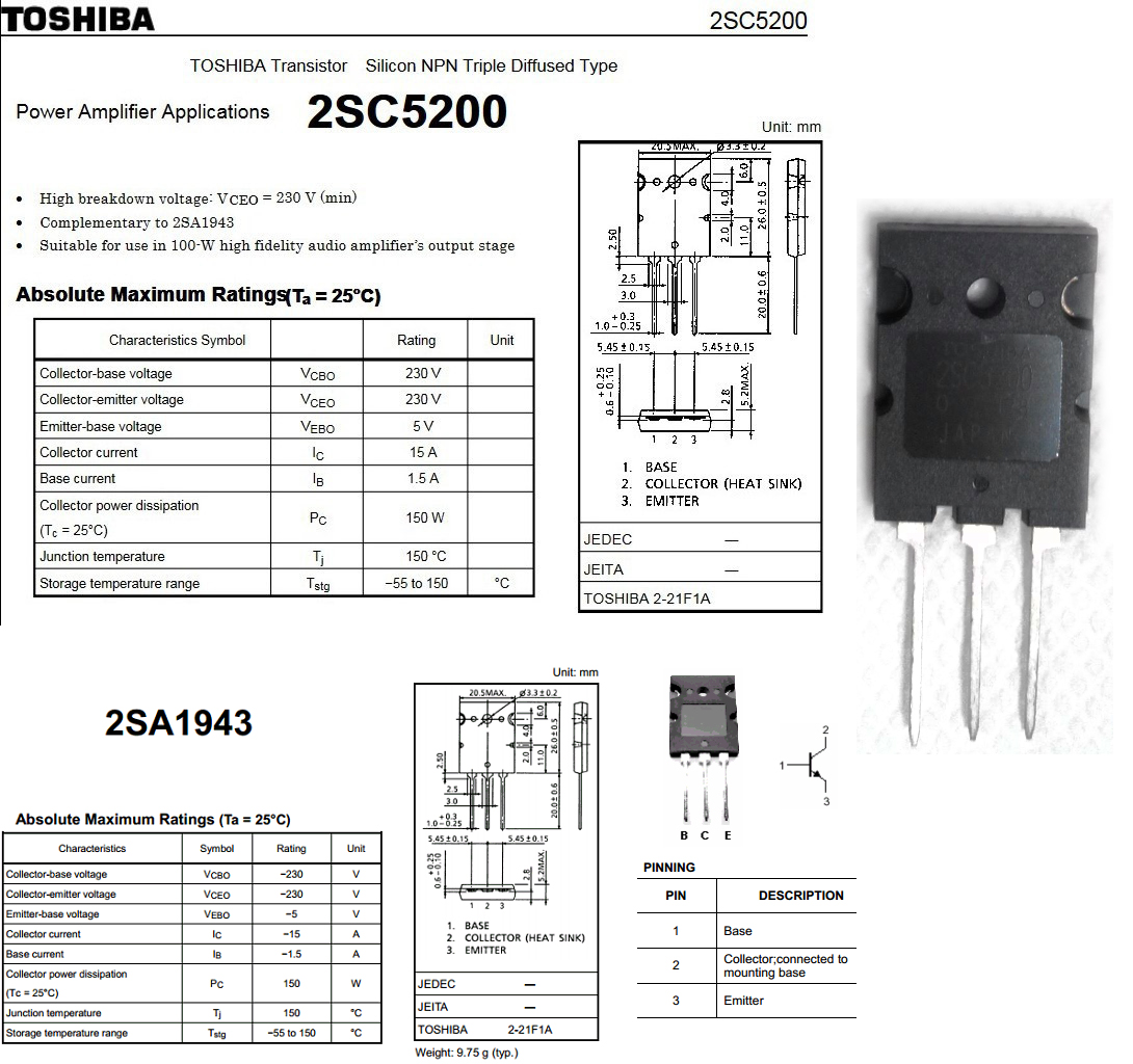 2SA1943 (PNP) and 2SC5200 (NPN) Transitor - Electronic Circuit inverter circuit diagrams 1000w pdf 