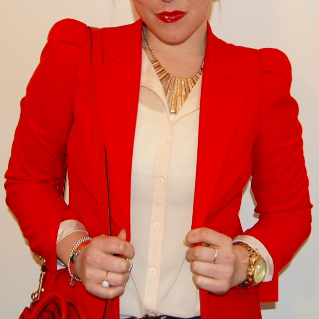 Red Zara blazer, red Celine Nano, Forever 21 blouse and necklace