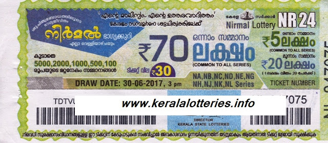 Kerala lottery today_Nirmal (NR-24) Nirmal Weekly lottery drawn on 30 June 2017