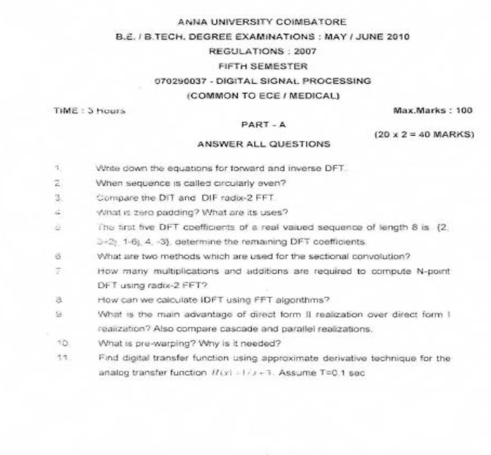 EC2302 Digital Signal Processing May June 2010 Past Exam Paper