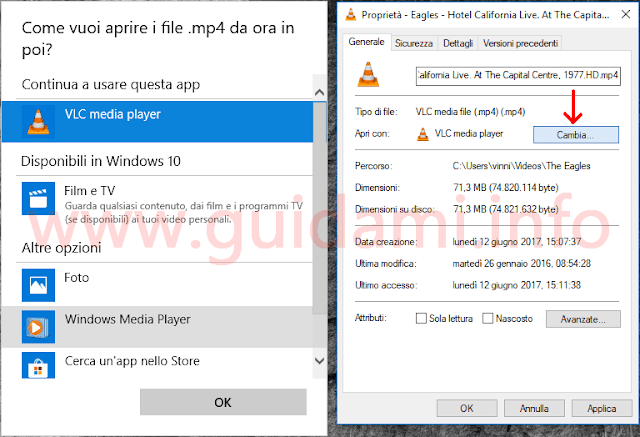 Finestra Proprietà file Windows 10 pulsante Cambia associazione