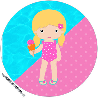 Fiesta en la Piscina para Niña Rubia: Toppers y Wrappers para Cupcakes para Imprimir Gratis. Toppers o Etiquetas de Fiesta en la Piscina para Niña Rubia.