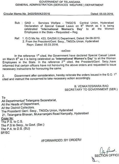 Special CL to Women Employees on the eve of International Women's Day Special CL,Women Employees,International Women's Day