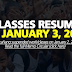 Classes Resume in January 3, 2019