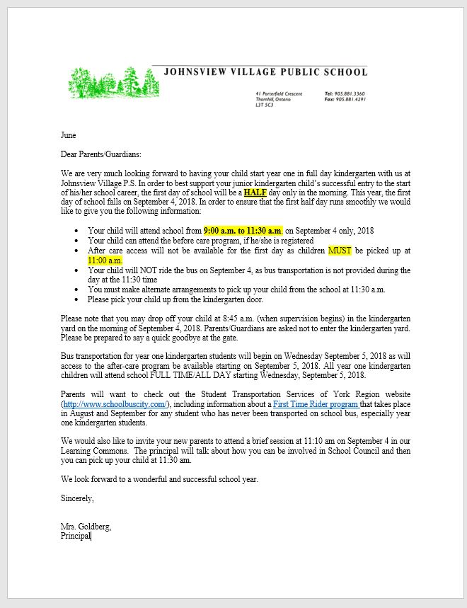 The Johnsview Village Blog Reminder Letter for Parents of Year One