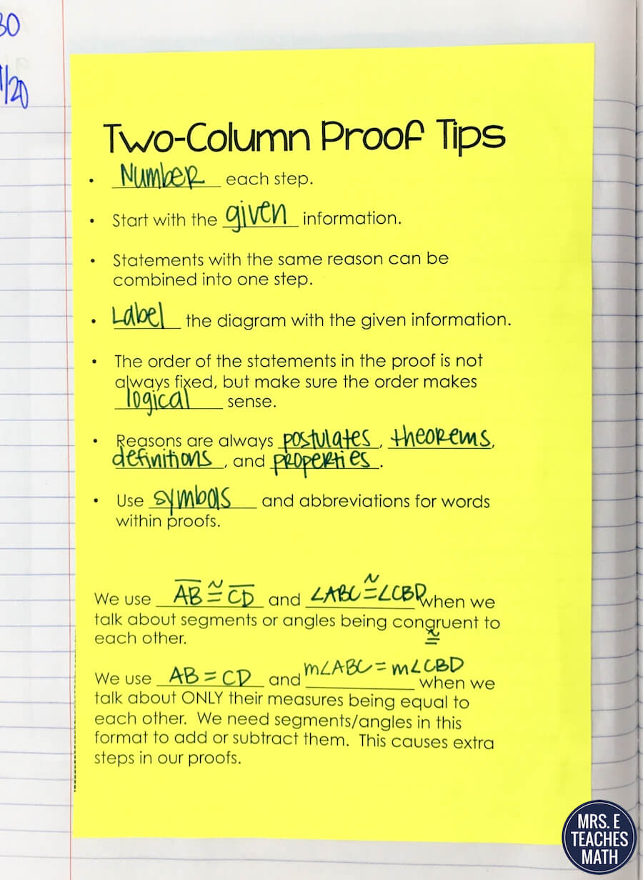 Intro Geometry Proofs INB Pages  Mrs. E Teaches Math Within Two Column Proof Worksheet