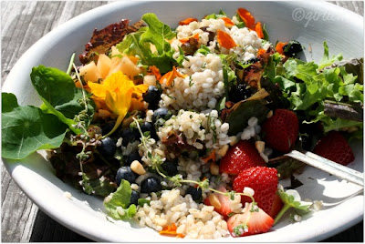 Fruit and Grains Salad with Edible Flowers and Strawberry Vinaigrette